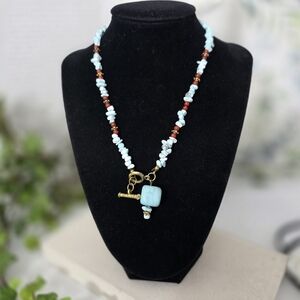 Natural Stone Necklace With Toggle Clasp Turquoise Blue Coral Red